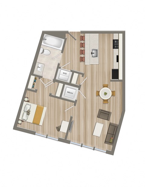 Floor plan for 1 bed, 1 bath, 557 sqft